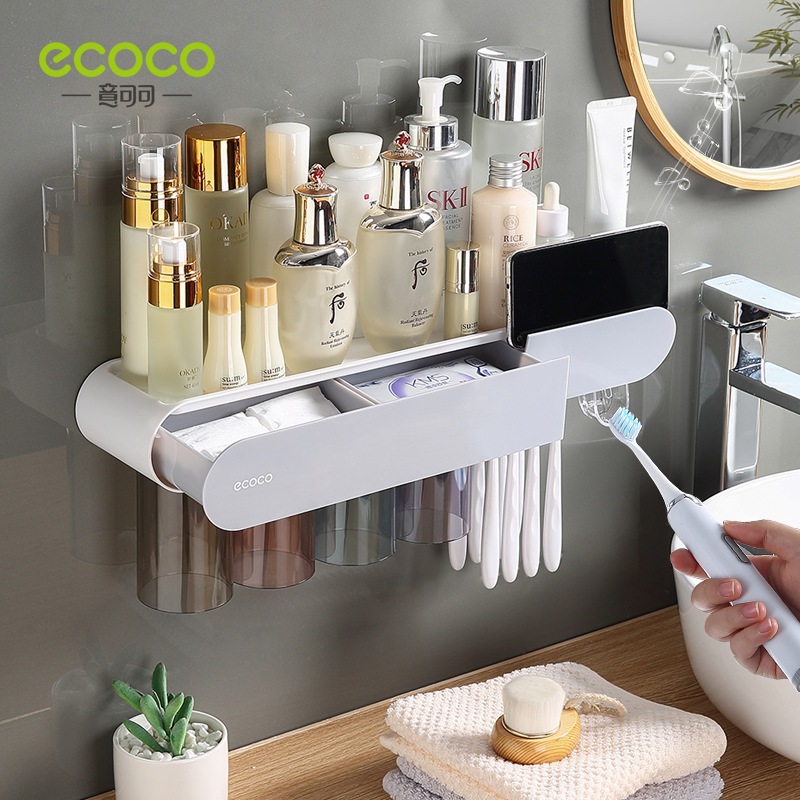 Nhả Kem Đánh Răng ECOCO Có Ngăn Để Đồ, Để Bàn Chải Đánh Răng Cao Cấp (Tặng Miếng Dán ) 4 Cốc 2123