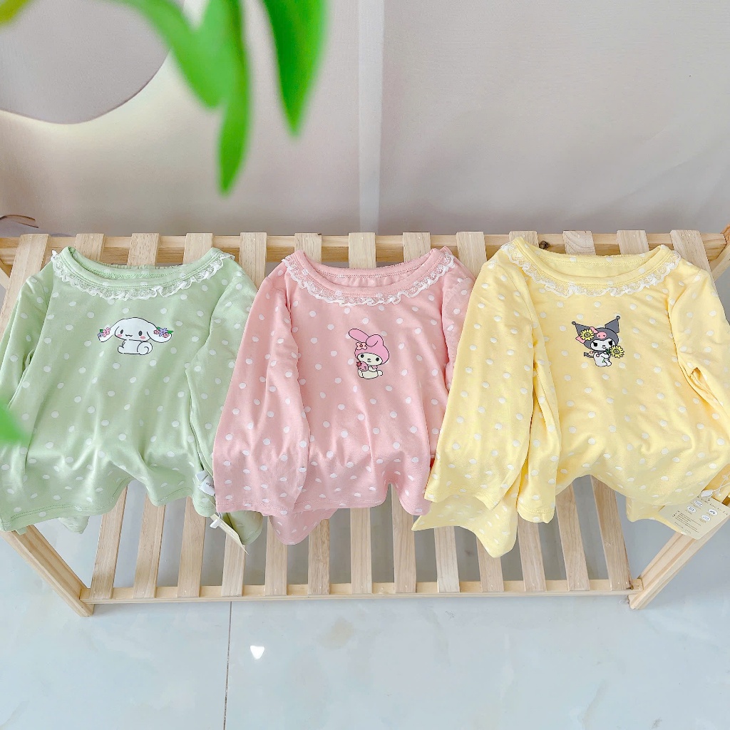 Đồ dài tay bé gái sợi sồi Modal Lá Homewear A281, đồ ngủ cho bé mềm mướt mát lạnh viền ren chấm bi