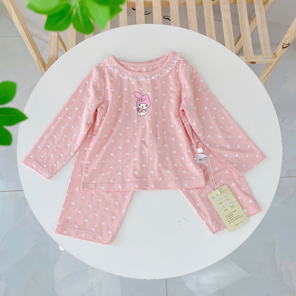 Đồ dài tay bé gái sợi sồi Modal Lá Homewear A281, đồ ngủ cho bé mềm mướt mát lạnh viền ren chấm bi