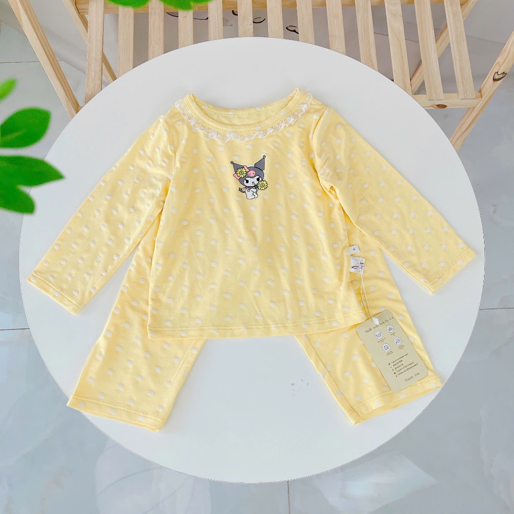 Đồ dài tay bé gái sợi sồi Modal Lá Homewear A281, đồ ngủ cho bé mềm mướt mát lạnh viền ren chấm bi