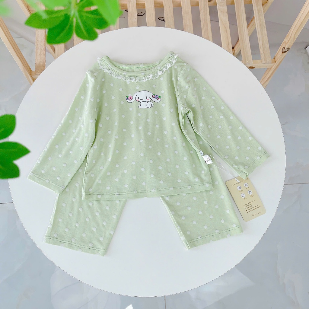 Đồ dài tay bé gái sợi sồi Modal Lá Homewear A281, đồ ngủ cho bé mềm mướt mát lạnh viền ren chấm bi