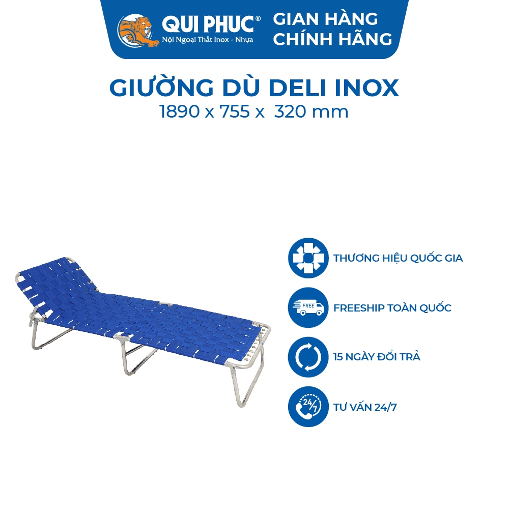 Giường gấp gọn inox Deli QUI PHÚC, dây dù bản lớn, thoáng khí, đàn hồi tốt, bền chắc, dễ dàng cất giữ, mang đi