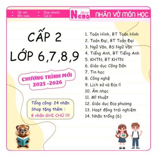 Nhãn Vở Môn Học LỚP 1 ĐẾN LỚP 12 Chương Trình Mới Black & White, Nhãn CẤP 1, 2, 3 Gồm 24 Nhãn Vở Kèm 8 Nhãn Note Mini.