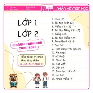Nhãn Vở Môn Học LỚP 1 ĐẾN LỚP 12 Chương Trình Mới Black & White, Nhãn CẤP 1, 2, 3 Gồm 24 Nhãn Vở Kèm 8 Nhãn Note Mini.