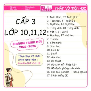 Nhãn Vở Môn Học LỚP 1 ĐẾN LỚP 12 Chương Trình Mới Black & White, Nhãn CẤP 1, 2, 3 Gồm 24 Nhãn Vở Kèm 8 Nhãn Note Mini.