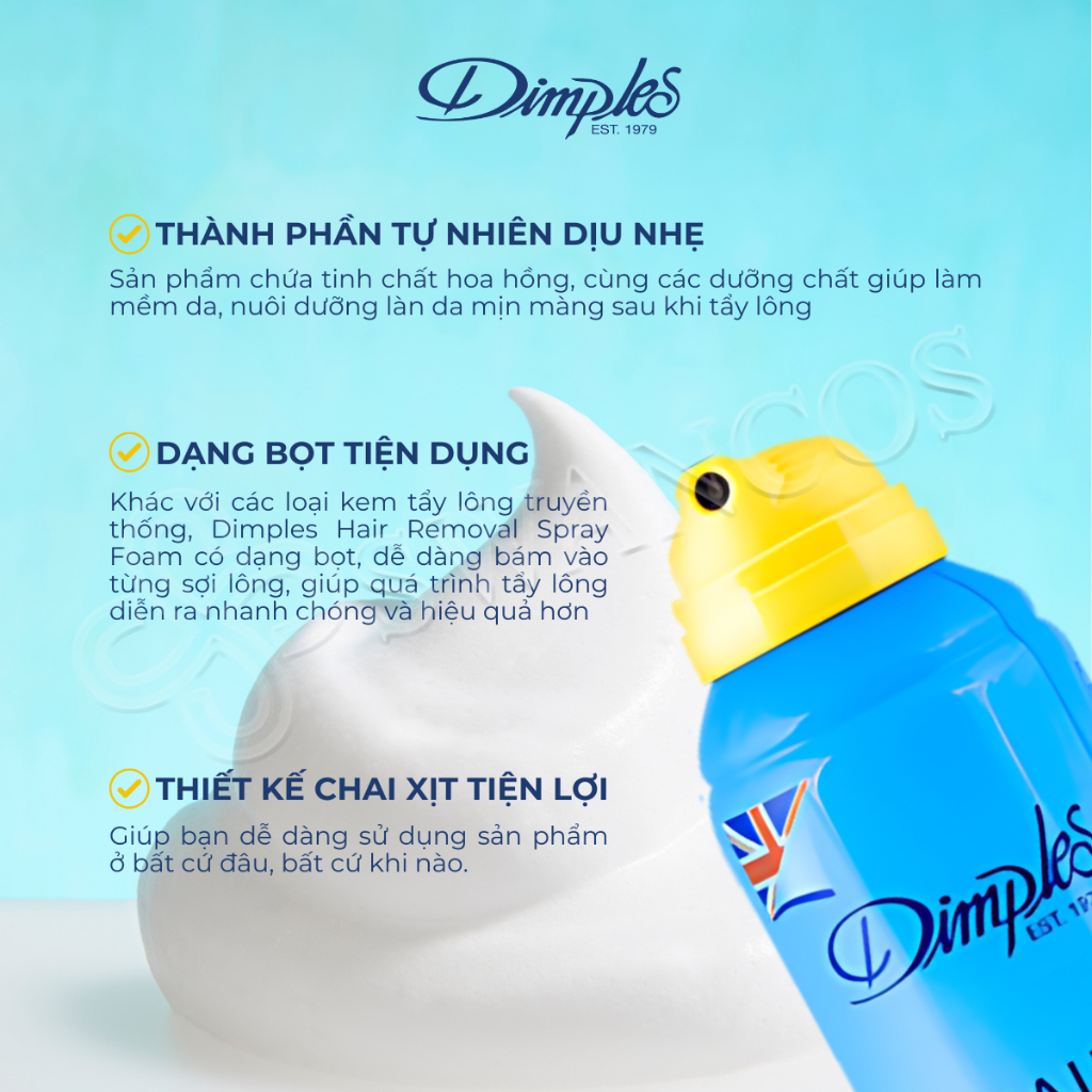 Xịt Tẩy Lông Châu Âu DIMPLES Dạng Bọt Hương Chanh Dùng Cho Chân, Tay, Nách Không Gây Kích Ứng