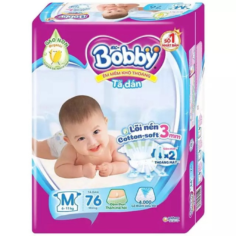 Tã dán Bobby S80/M76/L68/XL62/XXL56 Gạo Non mới- Lõi nén cotton-soft 3mm mua 4 tặng gấu ong