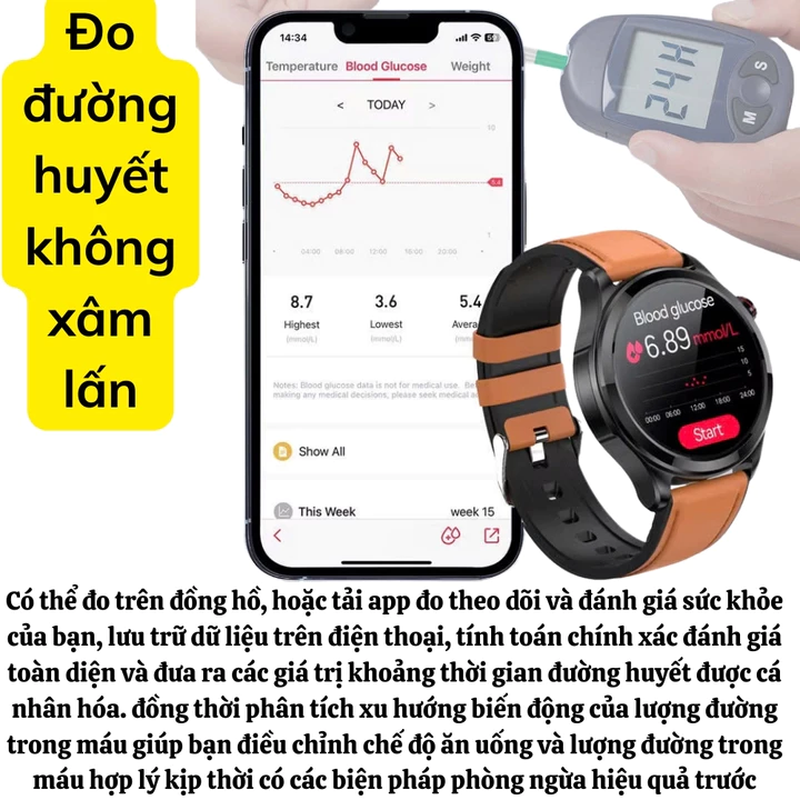Đồng hồ đo đường huyết không xâm lấn, theo dõi sức khỏe đo huyết áp, đường huyết, oxy máu, nhịp tim các môn thể thao – 2