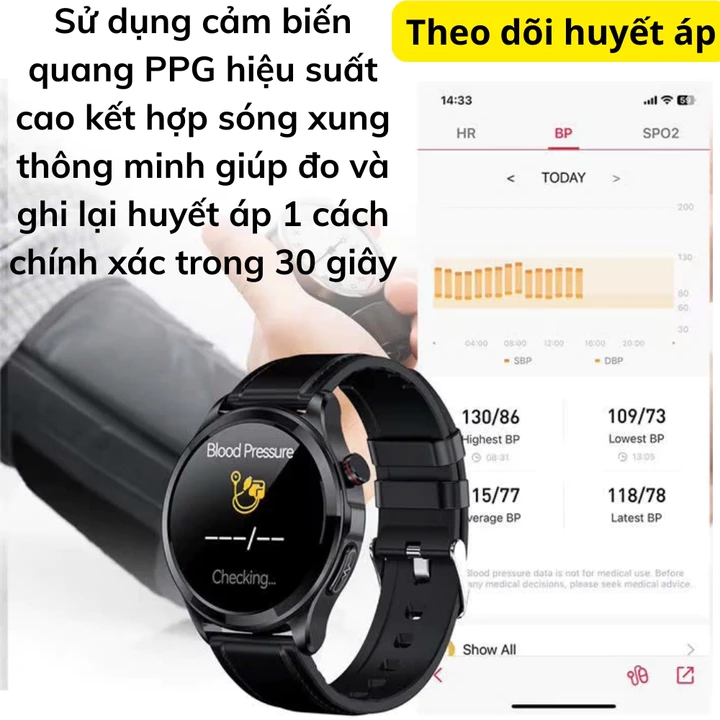 Đồng hồ đo đường huyết không xâm lấn, theo dõi sức khỏe đo huyết áp, đường huyết, oxy máu, nhịp tim các môn thể thao – 3