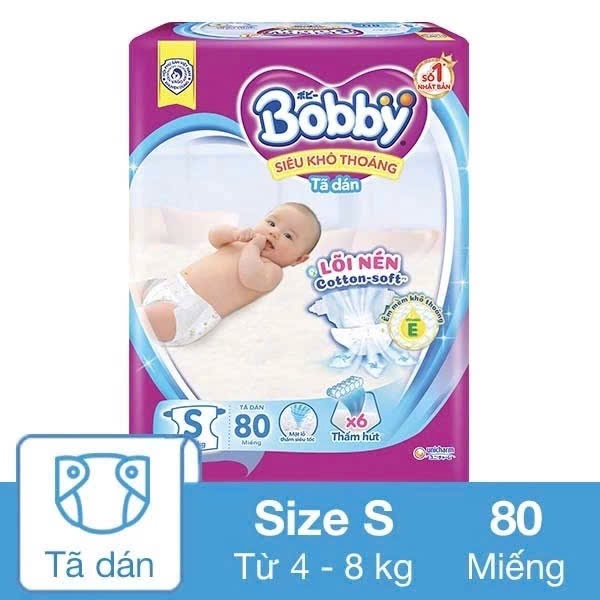 Hot: Chính hãng Tã dán Bobby S80/M76/L68/XL62/XXL56 Gạo Non mới- Lõi nén cotton-soft 3mm
