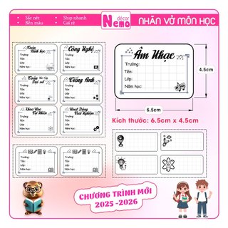 Nhãn Vở Môn Học LỚP 1 ĐẾN LỚP 12 Chương Trình Mới Black & White, Nhãn CẤP 1, 2, 3 Gồm 24 Nhãn Vở Kèm 8 Nhãn Note Mini.