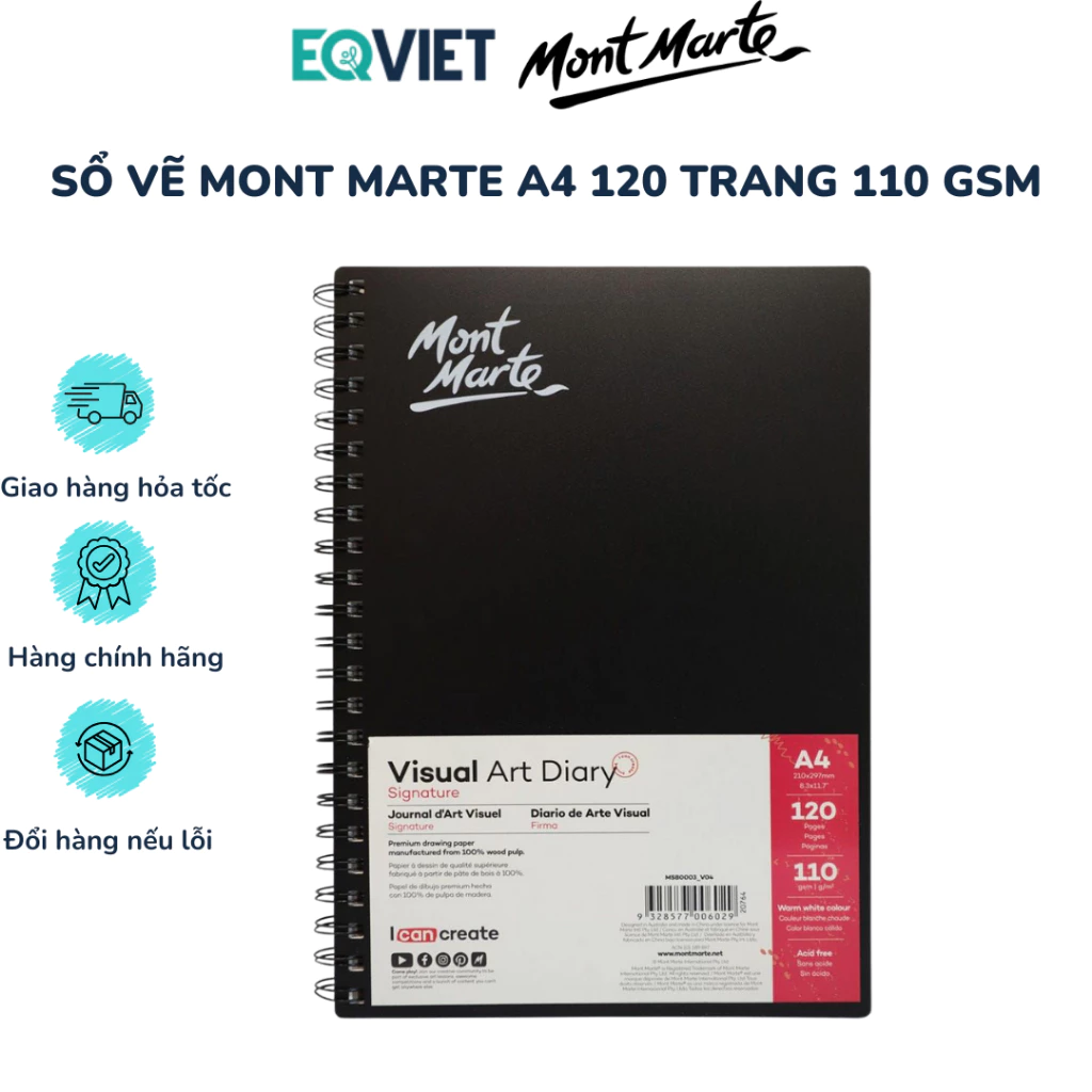 Sổ Vẽ Mont Marte Sketch Visual Art Diary Mont Marte A4 120 Tờ Định Lượng 110gsm Hàng Chính Hãng