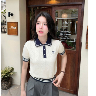 DELIZ - Áo len ngắn tay dệt kim chất len lông thỏ cổ polo mùa hè cho nữ công sở PL22