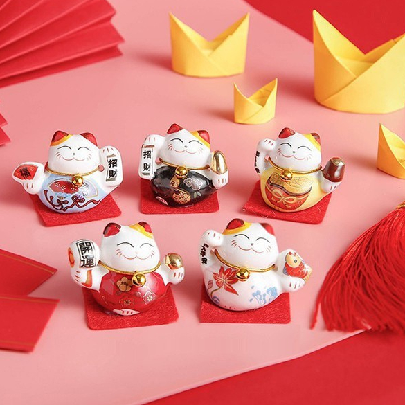 Bộ 5 mèo thần tài mini may mắn gốm sứ, mèo chiêu tài lộc để bàn, ô tô