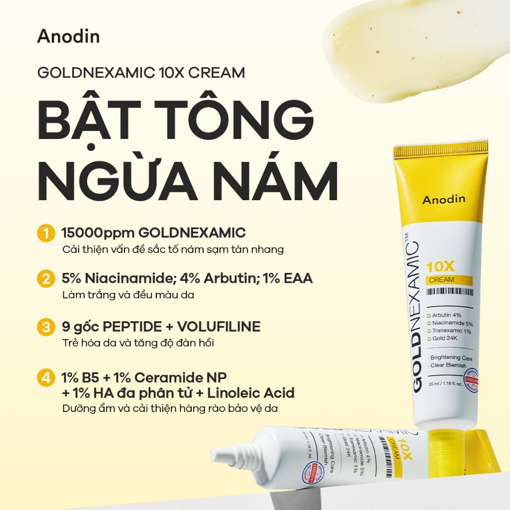 Combo Serum + Kem dưỡng dưỡng sáng, mờ thâm nám Goldnexamic 10x Anodin - Skin Studio