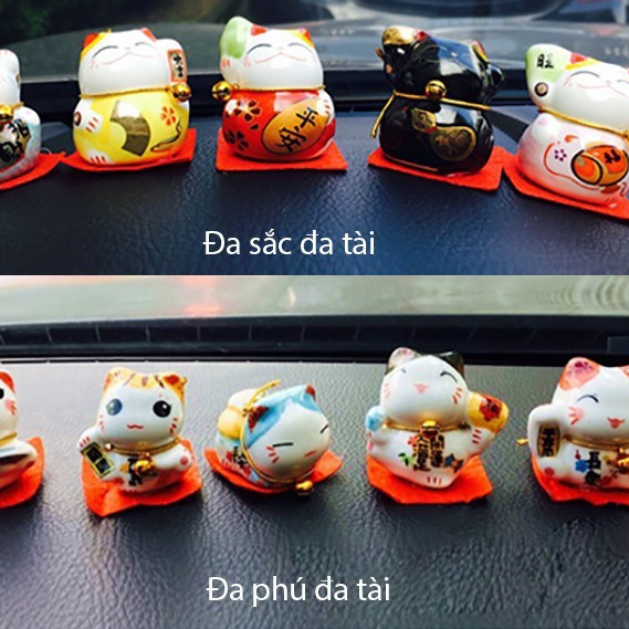 Bộ 5 mèo thần tài mini may mắn gốm sứ, mèo chiêu tài lộc để bàn, ô tô