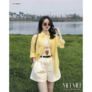 Set bộ thời trang nữ chất áo sơmi lụa tay dài kèm lót thun tăm phối quần đùi kaki ống rộng kèm đai trẻ trung