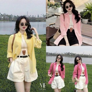 Set bộ thời trang nữ chất áo sơmi lụa tay dài kèm lót thun tăm phối quần đùi kaki ống rộng kèm đai trẻ trung