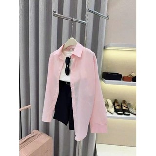 Set bộ thời trang nữ chất áo sơmi lụa tay dài kèm lót thun tăm phối quần đùi kaki ống rộng kèm đai trẻ trung