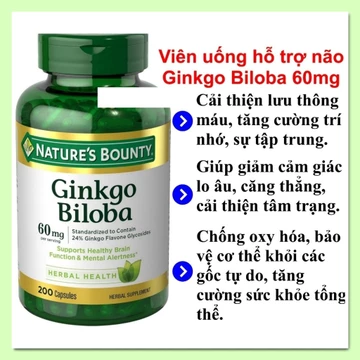 Viên uống hỗ trợ não Ginkgo Biloba 60mg Nature’s Bounty hũ 200 viên [Hàng Mỹ]