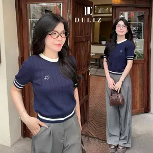 Áo len lông thỏ cộc tay cổ tròn phối viền đỏ thêu trái tim thiết kế ALC07 DELIZ 220G