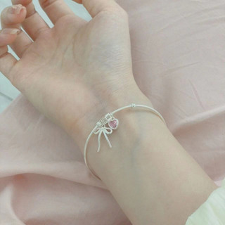 Lắc Tay Bạc Nữ PJN Kiềng Nhỏ Treo Charm nơ thắt,Ngôi Sao Và Trái Tim Hồng Dễ Thương Dành Cho Nàng VT25