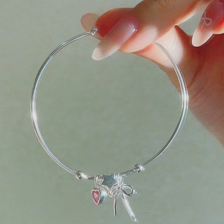 Lắc Tay Bạc Nữ PJN Kiềng Nhỏ Treo Charm nơ thắt,Ngôi Sao Và Trái Tim Hồng Dễ Thương Dành Cho Nàng VT25
