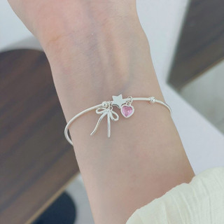 Lắc Tay Bạc Nữ PJN Kiềng Nhỏ Treo Charm nơ thắt,Ngôi Sao Và Trái Tim Hồng Dễ Thương Dành Cho Nàng VT25