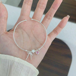 Lắc Tay Bạc Nữ PJN Kiềng Nhỏ Treo Charm nơ thắt,Ngôi Sao Và Trái Tim Hồng Dễ Thương Dành Cho Nàng VT25