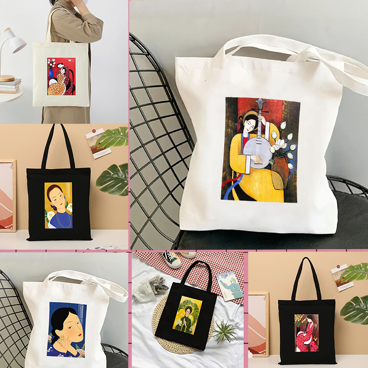 Túi tote có khóa in hình Bộ Sưu Tập Người Phụ Nữ Việt xưa túi vải bố canvas nhiều hình đeo vai 35x40cm tota096