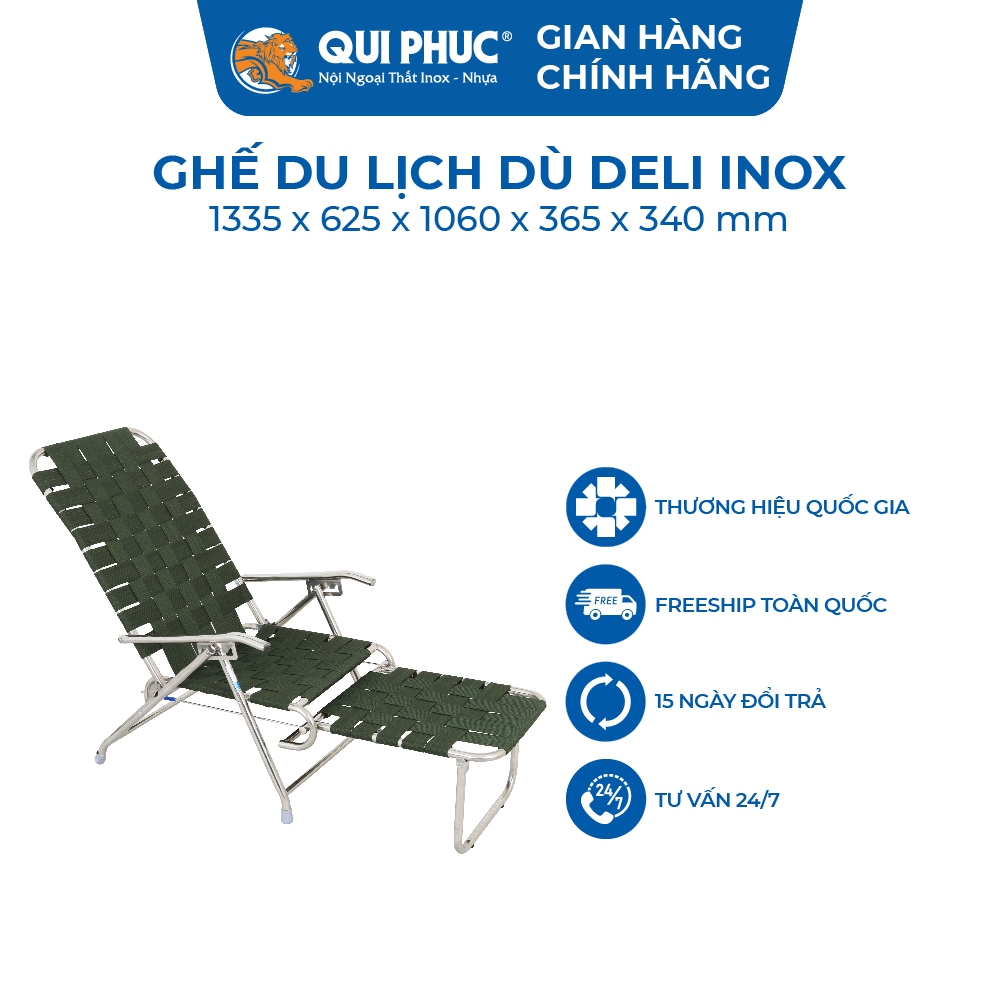 Ghế xếp gấp gọn inox Deli QUI PHÚC, có gác chân, dây dù bản lớn, inox sáng bóng, chịu tải 120kg