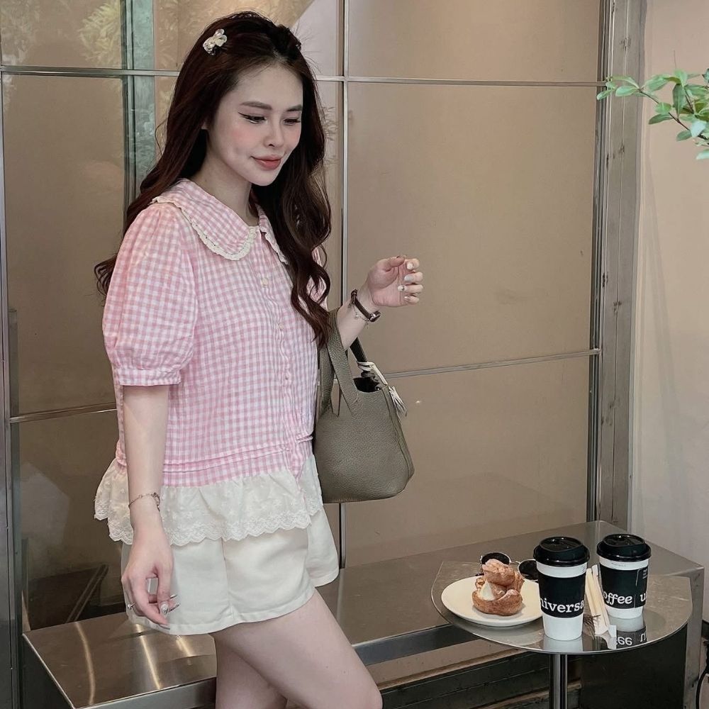 Set đồ nữ áo sơ mi kẻ caro hồng cổ bẻ mix quần đùi tacta, đồ bộ nữ tiểu thư nhẹ nhàng HCOM26212