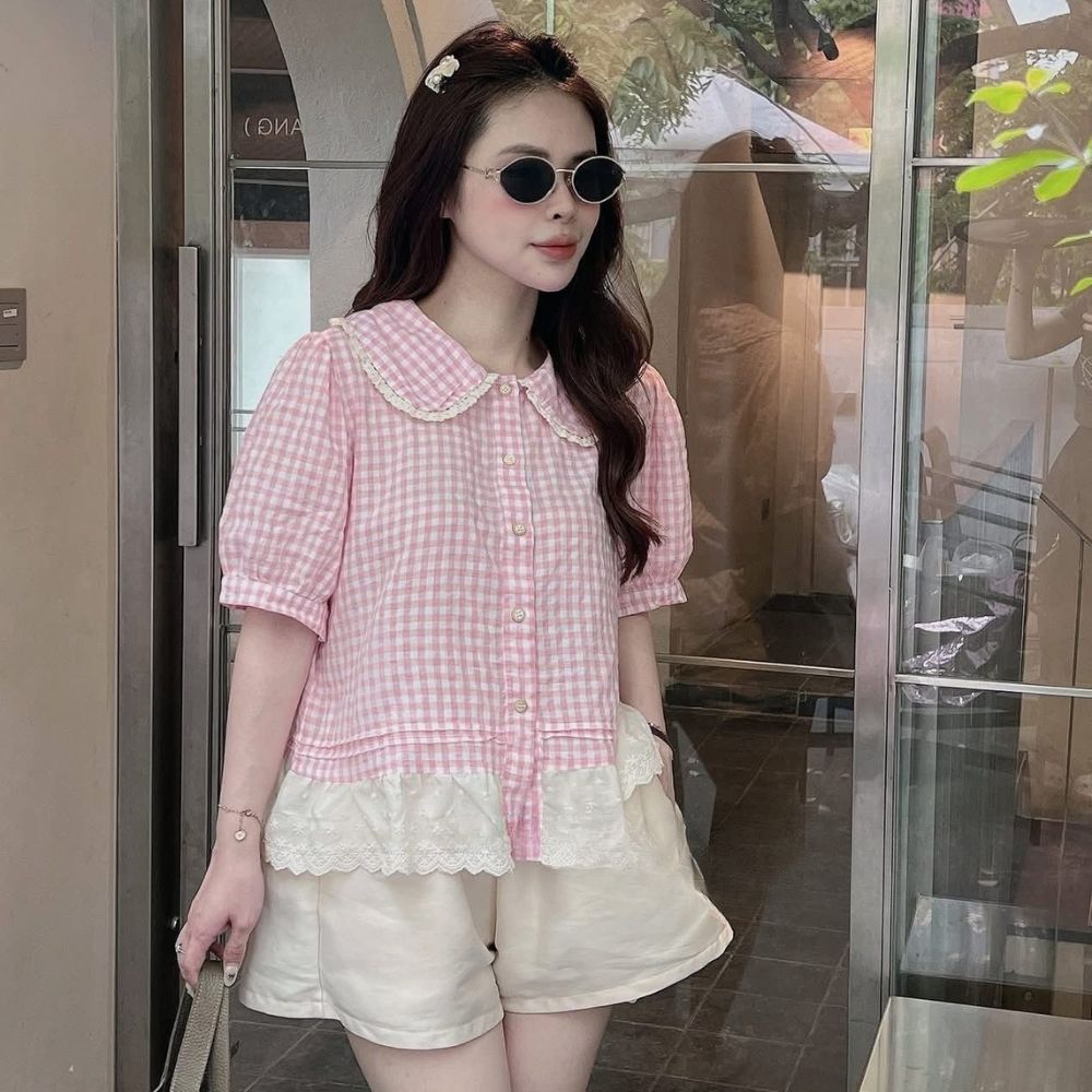 Set đồ nữ áo sơ mi kẻ caro hồng cổ bẻ mix quần đùi tacta, đồ bộ nữ tiểu thư nhẹ nhàng HCOM26212