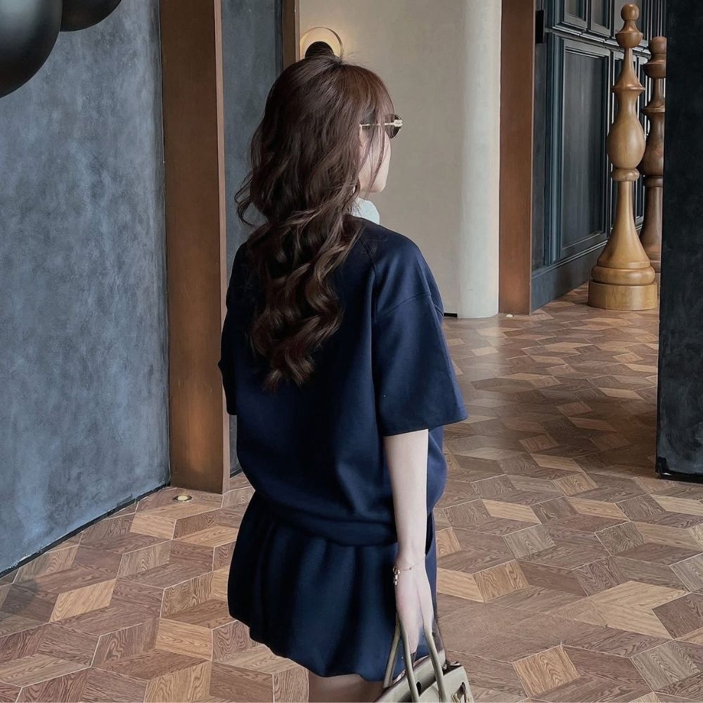 Set đồ nữ áo cổ ren trắng mix quần bí phồng xanh than cạp chun, đồ bộ nữ năng động trẻ trung HCOM26211