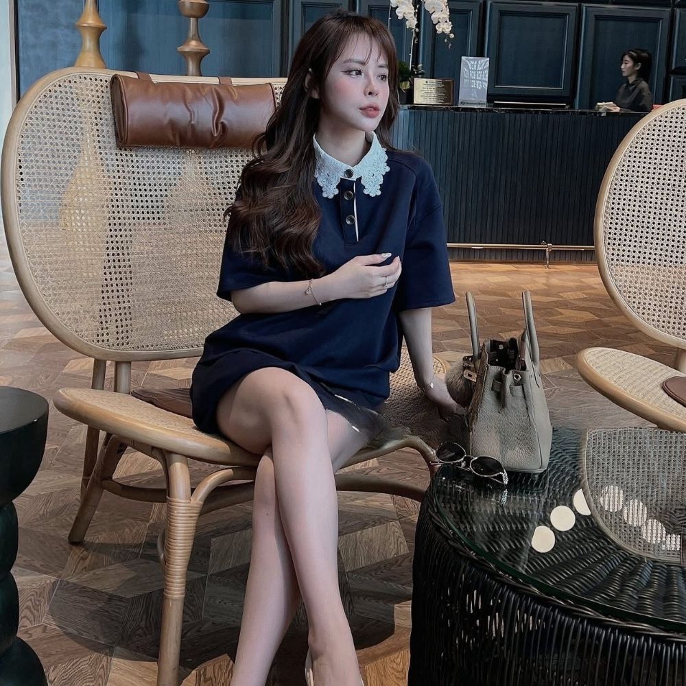 Set đồ nữ áo cổ ren trắng mix quần bí phồng xanh than cạp chun, đồ bộ nữ năng động trẻ trung HCOM26211