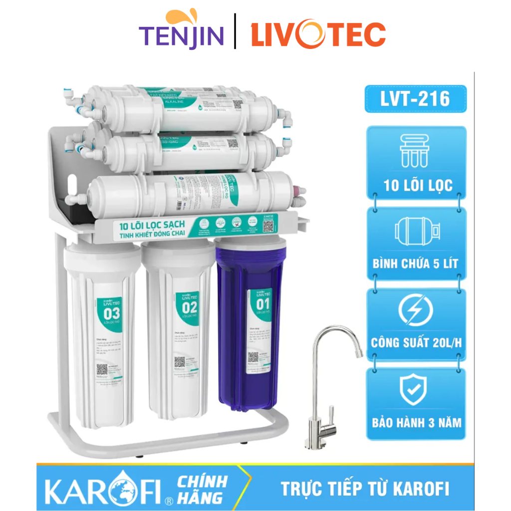 Máy Lọc Nước Karofi Livotec 216 10 Cấp Lọc Âm Tủ Để Gầm Bảo Hành 3 Năm  Công Suất 20L/H (Mẫu mới tem xanh)