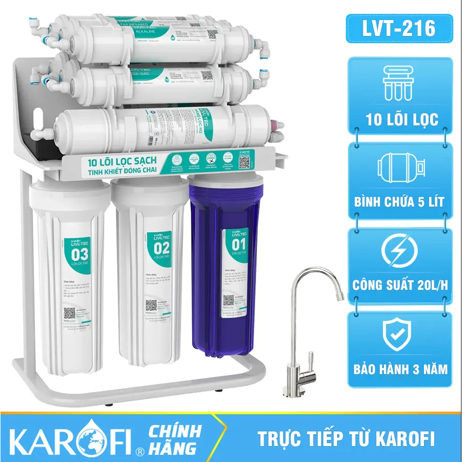 Máy Lọc Nước Karofi Livotec 216 10 Cấp Lọc Âm Tủ Để Gầm Bảo Hành 3 Năm  Công Suất 20L/H (Mẫu mới tem xanh)