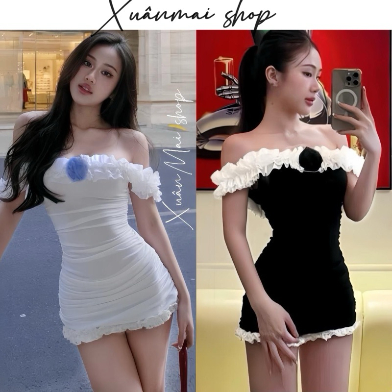 XuânMaishop Đầm BÈO VOAN TRẼ VAI nhúm ngắn đệm mút dáng váy trễ vai phối bèo nhúm hông không quần rời Xuân Mai Shop
