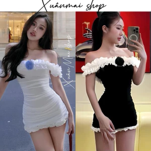 XuânMaishop Đầm BÈO VOAN TRẼ VAI nhúm ngắn đệm mút dáng váy trễ vai phối bèo nhúm hông không quần rời Xuân Mai Shop
