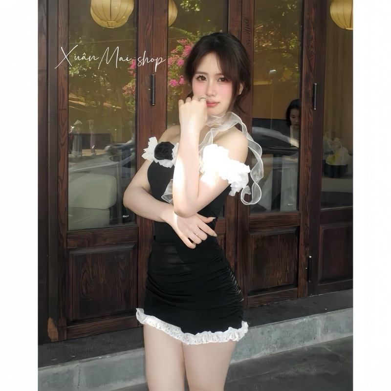 XuânMaishop Đầm BÈO VOAN TRẼ VAI nhúm ngắn đệm mút dáng váy trễ vai phối bèo nhúm hông không quần rời Xuân Mai Shop