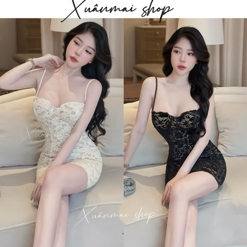 Xuanmaishop Đầm 2 dây cup ren hoa lưới đệm mút khoá kéo 2 lớp Xuân Mai Shop