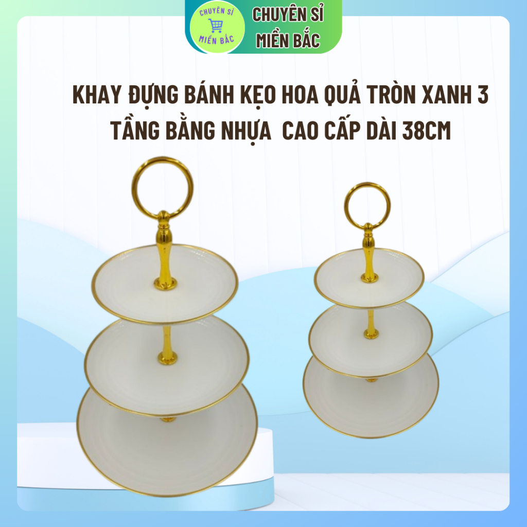 Khay Mứt 3 Tầng tròn trắng viền vàng, Khay Đựng Bánh Kẹo Hoa Quả tròn xanh 3 Tầng Bằng Nhựa  Cao Cấp Dài 38cm