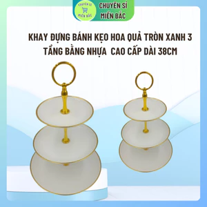 Khay Mứt 3 Tầng tròn trắng viền vàng, Khay Đựng Bánh Kẹo Hoa Quả tròn xanh 3 Tầng Bằng Nhựa Cao Cấp Dài 38cm