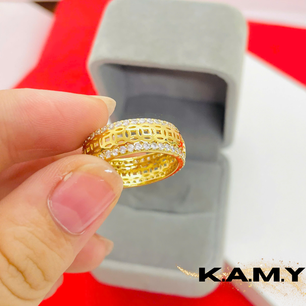 Nhẫn nữ mạ vàng 18K đính đá zircon sang trọng, họa tiết lưới cao cấp – Nhẫn thời trang KAMY