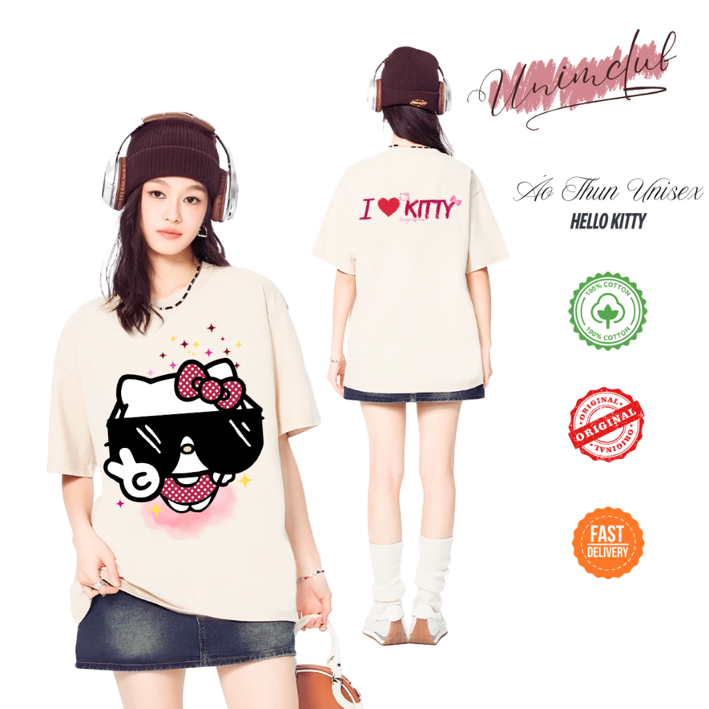 [Siêu Tốc 4h] Áo Thun Hello Kitty Đeo Kính Gangster Cotton Premium Form Rộng Co Gian 2 Chiều Mềm Mịn Mướt APKTDK