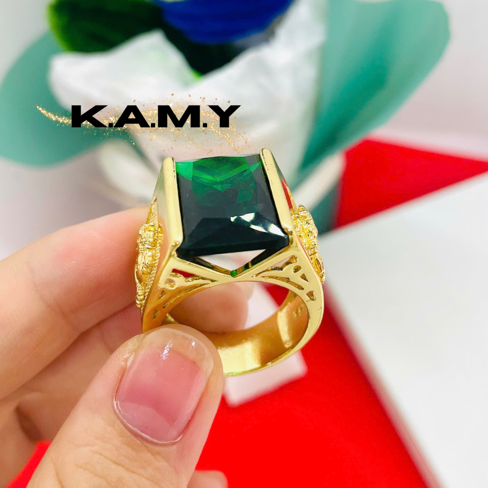 Nhẫn nam đính đá bản to mặt đá xanh lục phong thủy mạ vàng cao cấp - Khắc rồng may mắn