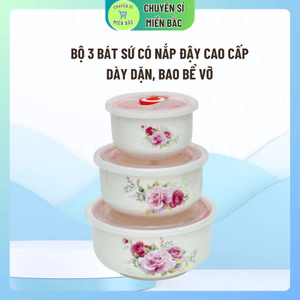 Bộ 3 bát sứ cao cấp, bộ 3 bát sứ có nắp đậy, bộ bát sứ có nắp đậy hút chân không cao cấp, dùng được lò vi sóng