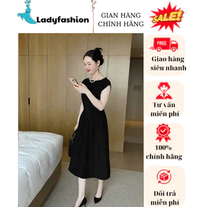 Váy đầm chiết eo dáng dài cổ tròn xếp ly eo cao cấp ,Váy thiết kế tay ngắn đen chất vải lụa thôi Hàn phù hợp đi dự tiệc