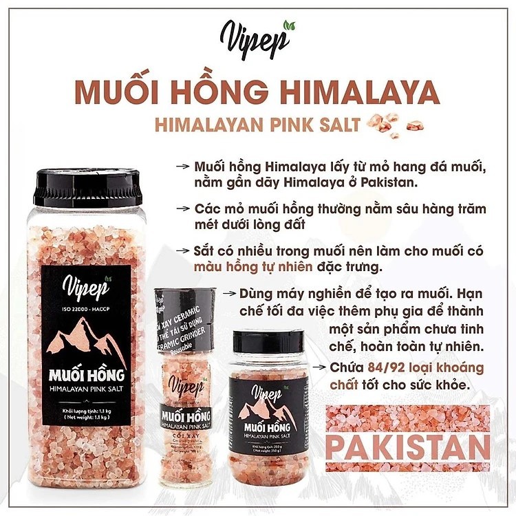 Muối Hồng Himalaya Vipep Nguyên Hạt & Xay Nhuyễn - Muối Khoáng Tự Nhiên Cao Cấp, Hạt Muối Hồng Himalayan