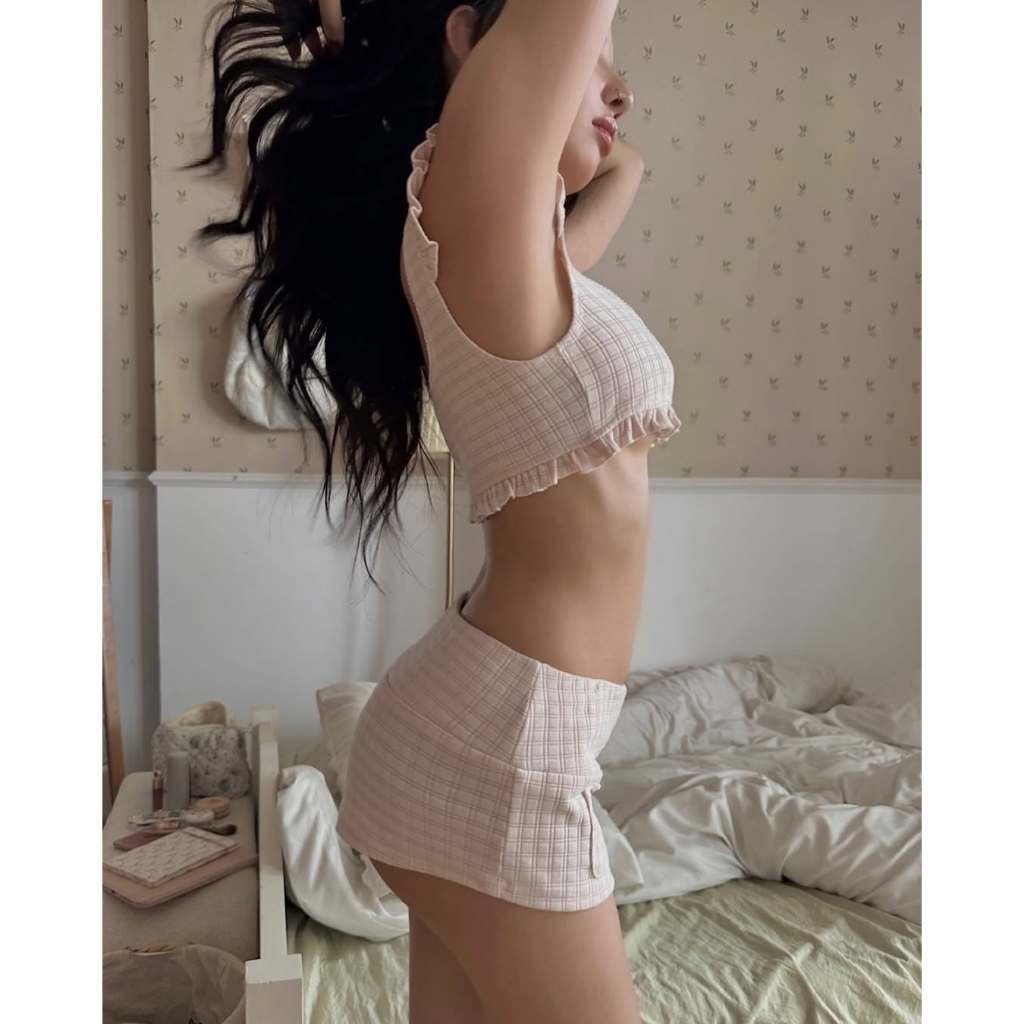 [Sẵn-HỎA TỐC HÀ NỘI] ONESOON Set 2 món áo bra hai dây cánh tiên kèm quần short ngắn phối viền ren ôm body retro nữ